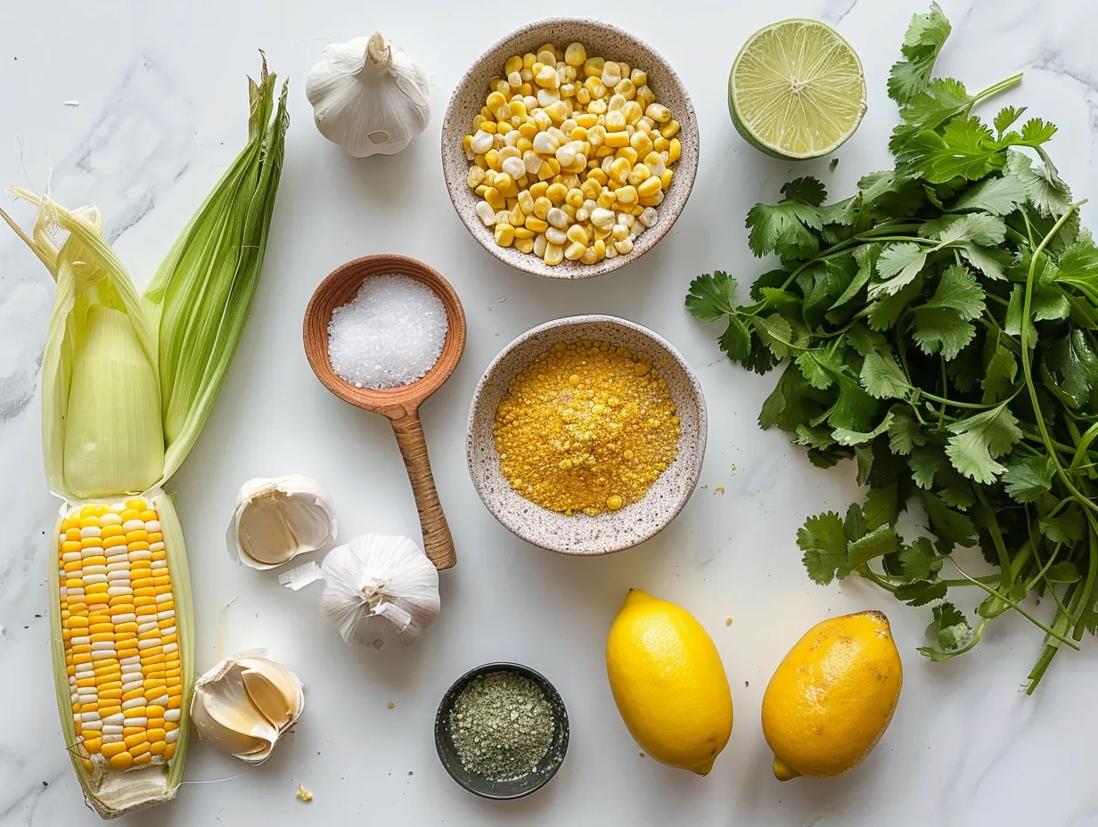 Ingredients for making delicious Mexican Street Corn Soup including fresh corn, spices, and cotija cheese