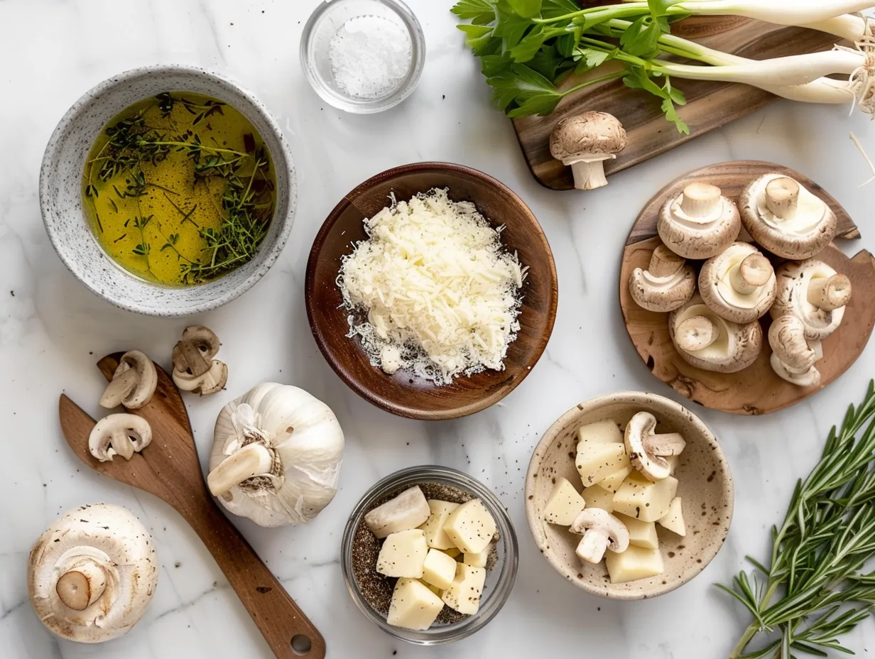 Ingredients for making Parmesan Mushroom Chicken Soup including chicken, mushrooms, parmesan cheese, and herbs.