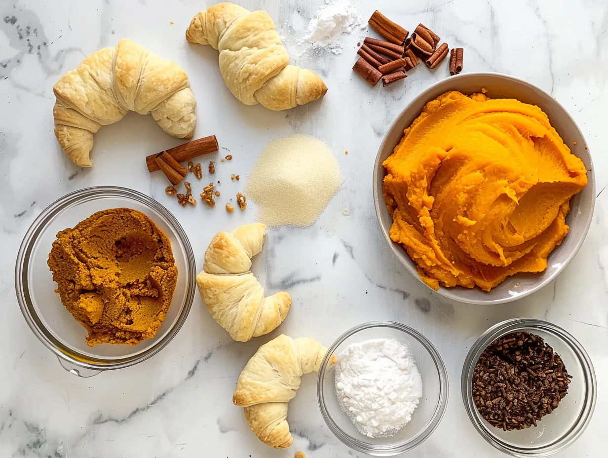 Ingredients for making Pumpkin Pie Crescents arranged on a marble surface
