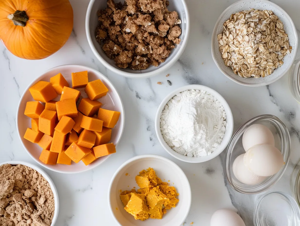 Ingredients for Pumpkin Pie Crumble Bars: flour, butter, brown sugar, salt, pumpkin puree, sweetened condensed milk, eggs, pumpkin pie spice, and vanilla extract