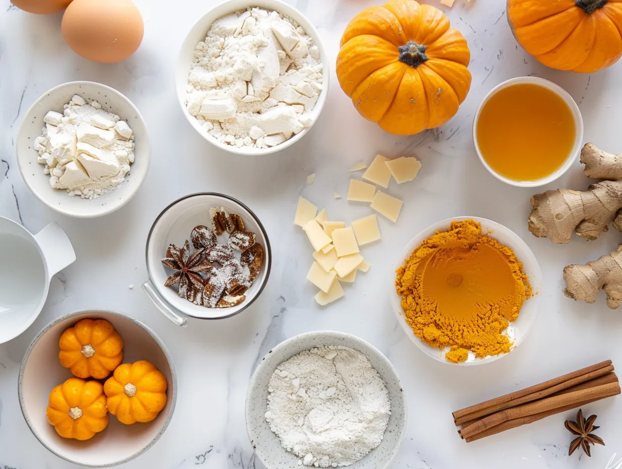 Ingredients for making Pumpkin Sugar Cookies including butter, pumpkin puree, spices, and sugar.