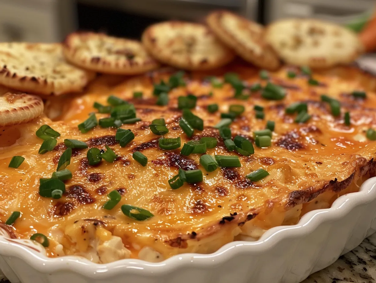 A delicious and irresistible Buffalo Chicken Dip.