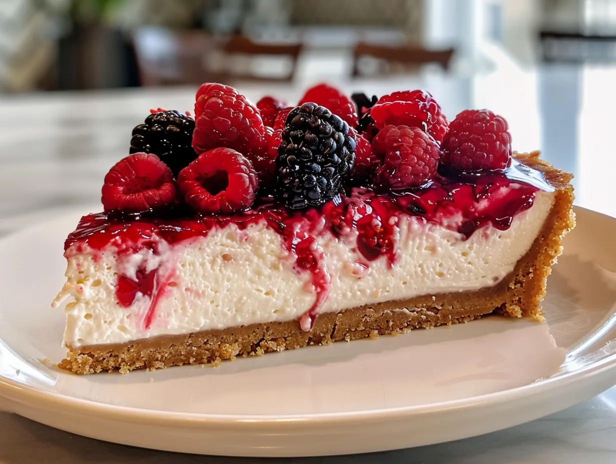 A decadent slice of berry cheesecake with a creamy filling and berry topping.