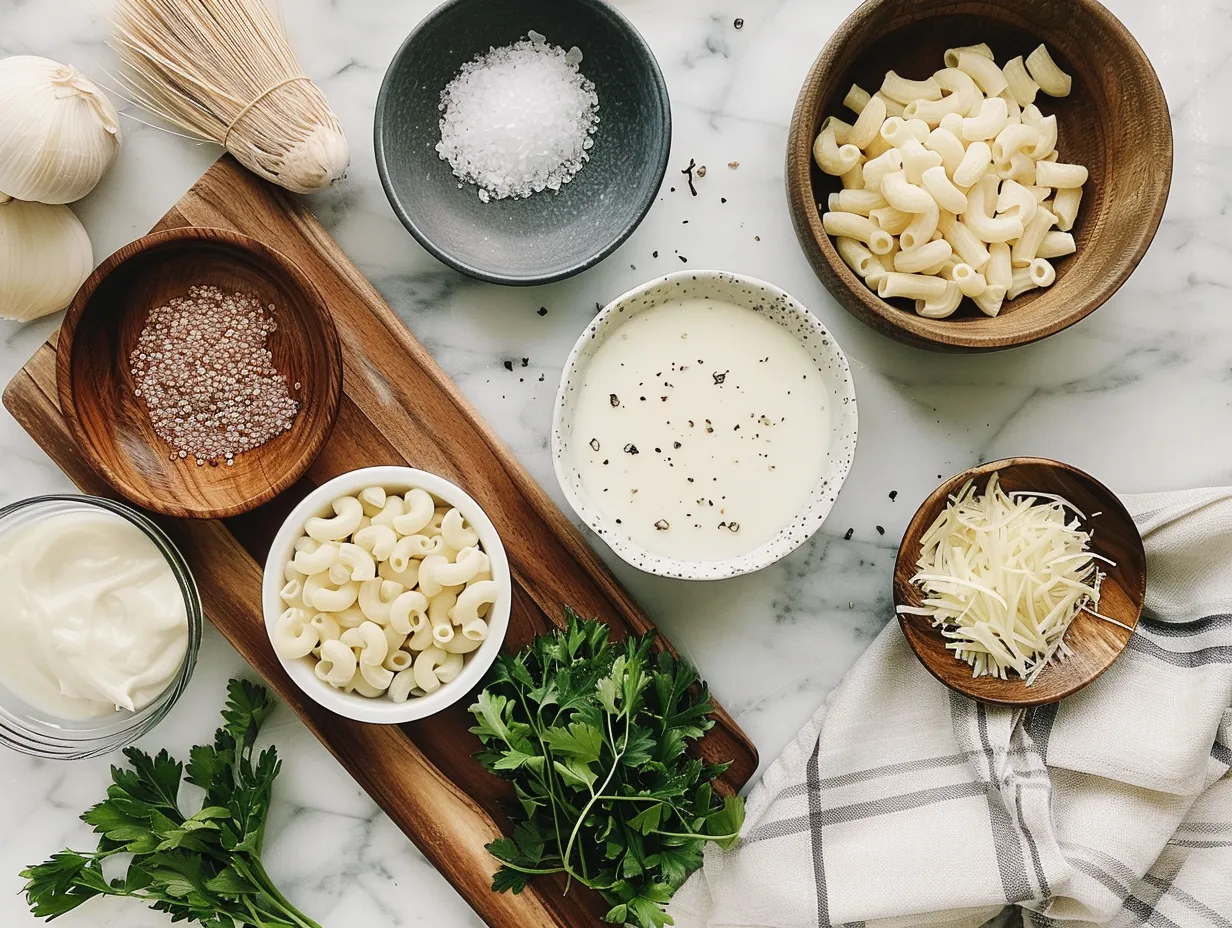 Mac and Cheese Soup ingredients: macaroni, butter, flour, broth, milk, spices, cheddar, and Gruyere.
