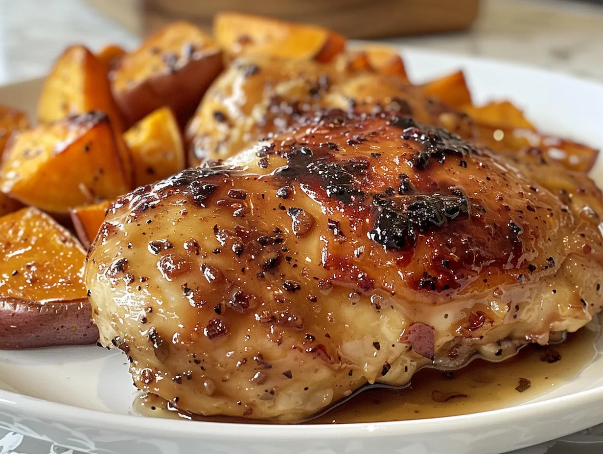 A beautiful and delicious Maple-Glazed Chicken with Sweet Potatoes feast.