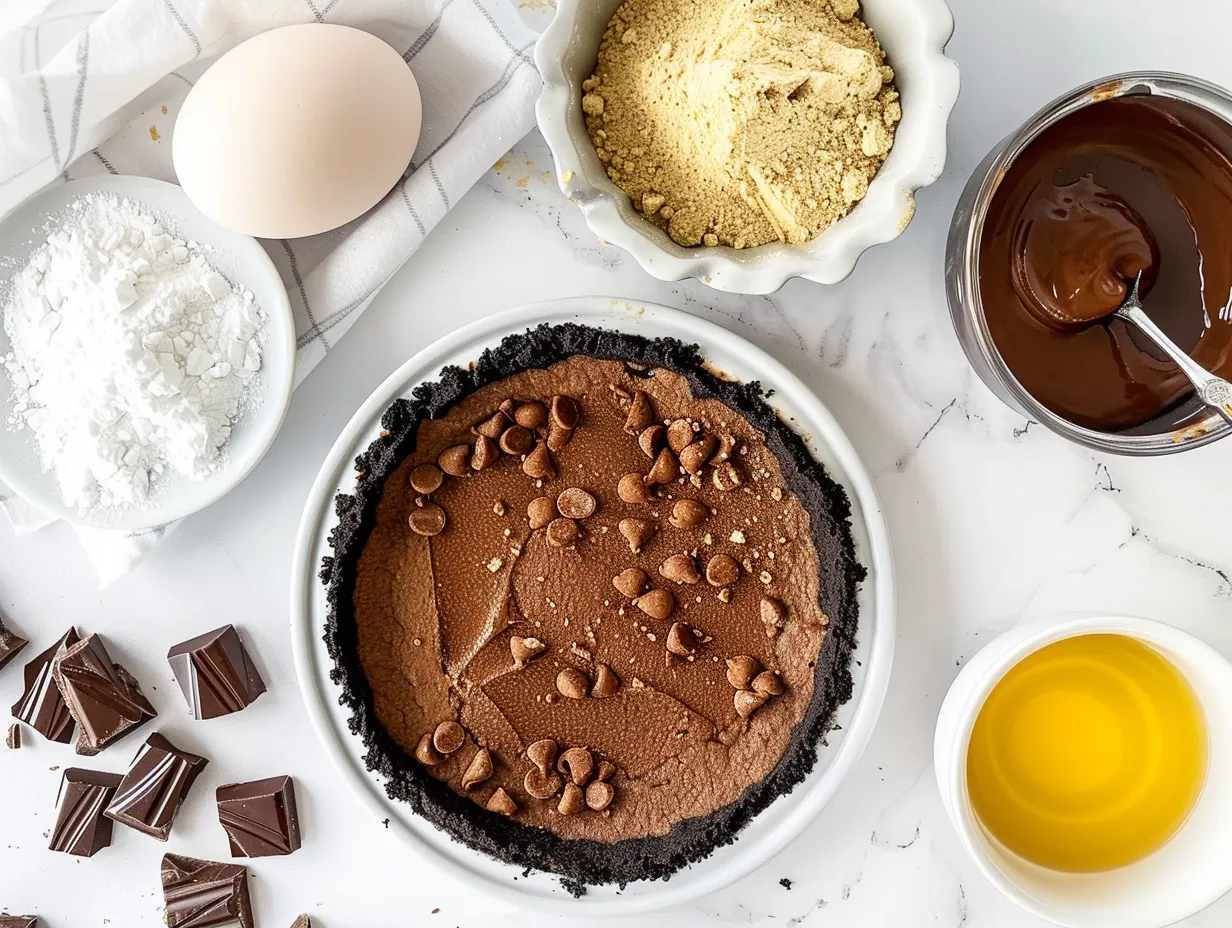 All the ingredients needed to make Mississippi Mud Pie with a Creamy Chocolate Filling are laid out on a table.