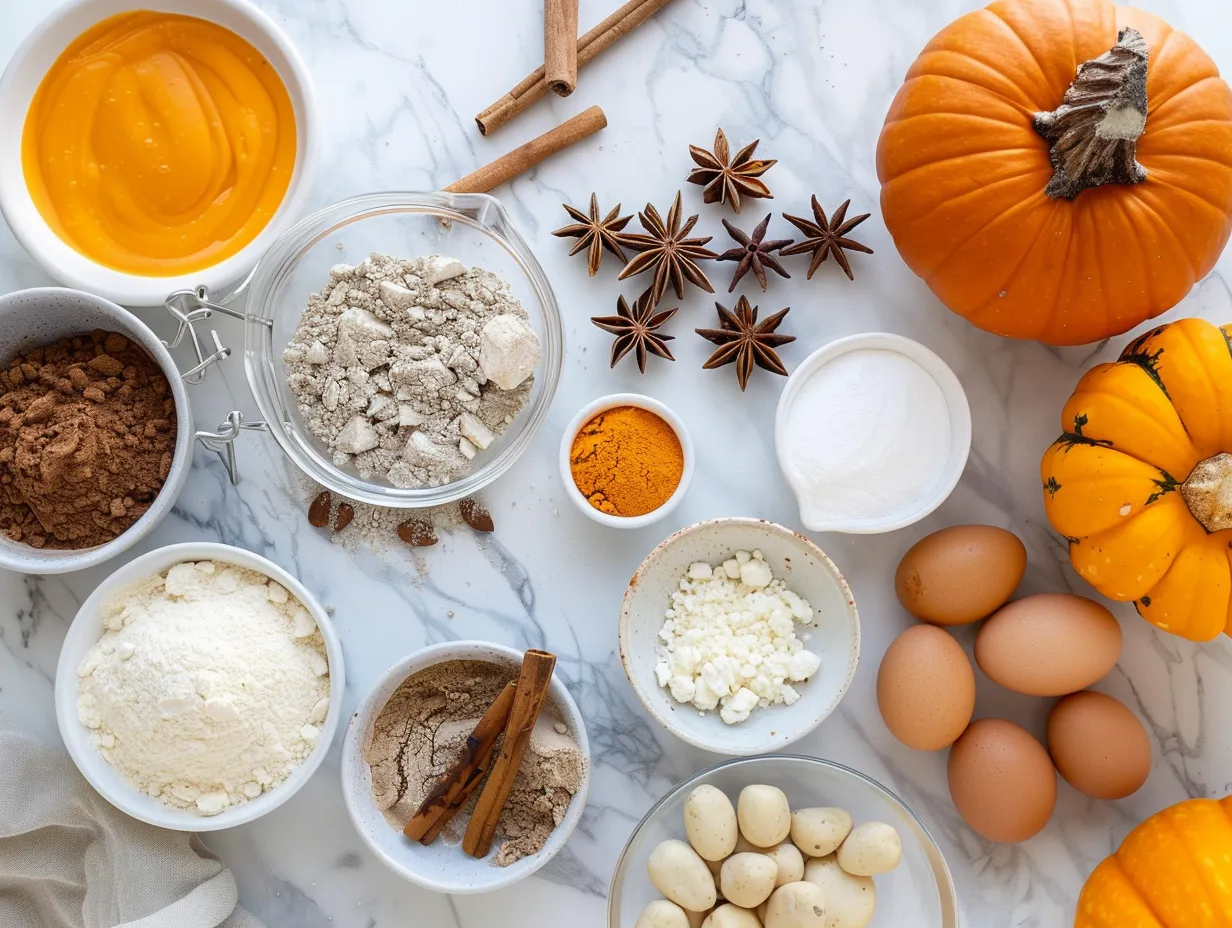 No-Bake Pumpkin Cheesecake ingredients including graham crackers, pumpkin, and cream cheese.