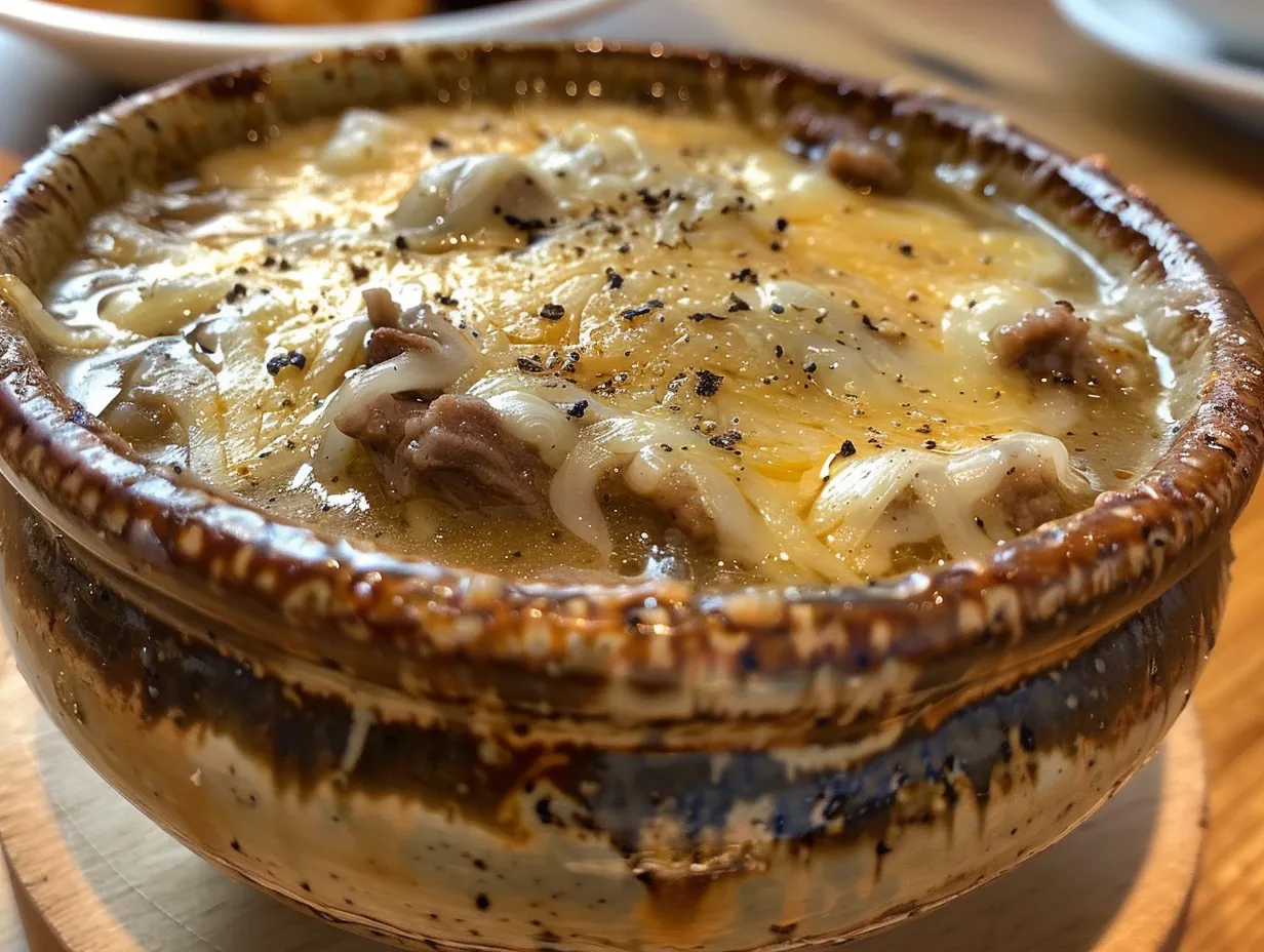 A bowl of Philly Cheesesteak Soup garnished with fresh parsley.
