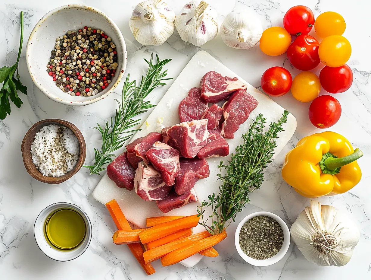 Ingredients for Philly Cheesesteak Soup: sirloin steak, onions, mushrooms, beef broth, and various seasonings.