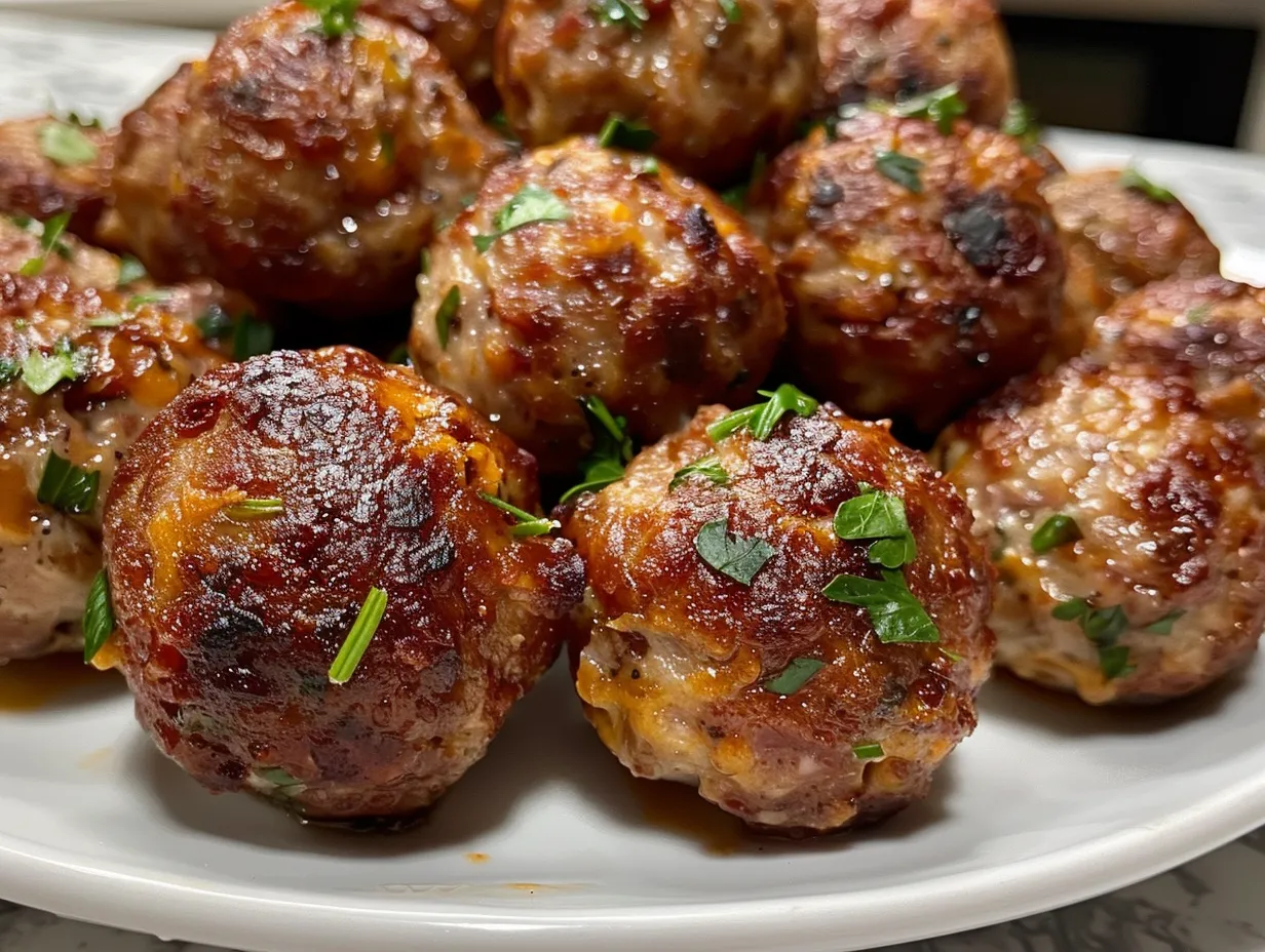 Plate of golden brown Cheesy Rotel Sausage Balls.