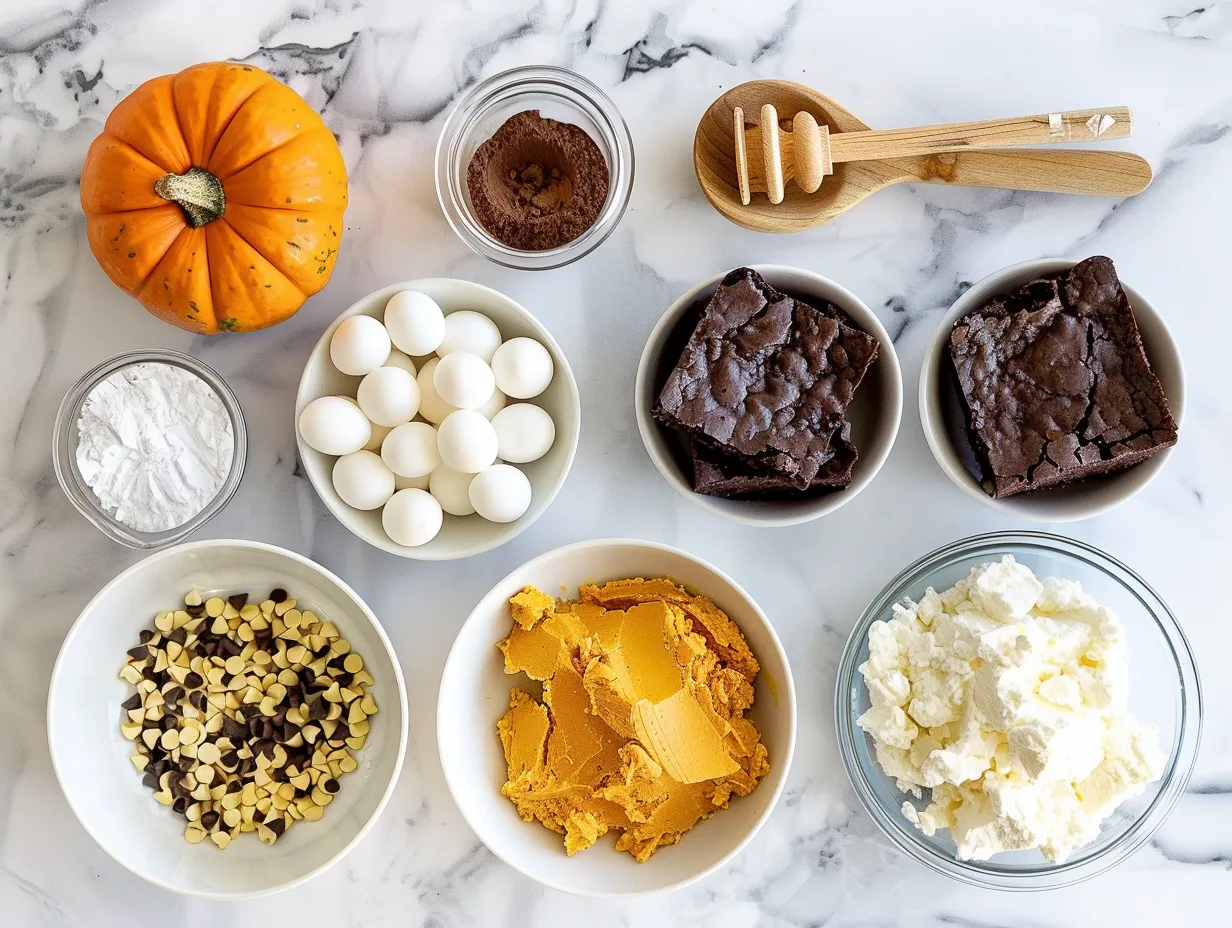 Ingredients for pumpkin cheesecake brownies including butter, sugar, cocoa powder, eggs, vanilla extract, flour, salt, cream cheese, pumpkin puree, and pumpkin pie spice