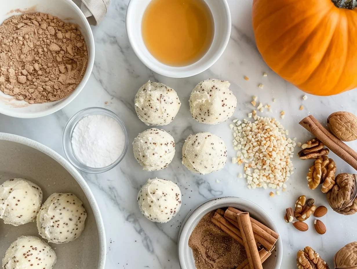 Ingredients for making pumpkin cheesecake truffles, including cream cheese, pumpkin puree, sugar, spices, and chocolate chips.
