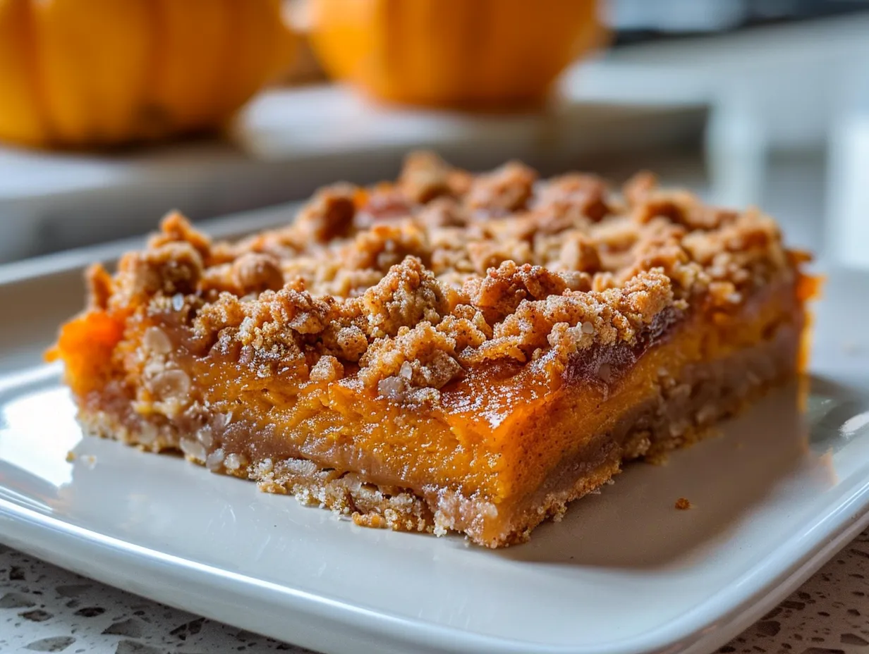 Delicious Pumpkin Pie Crumble Bars on a wooden table