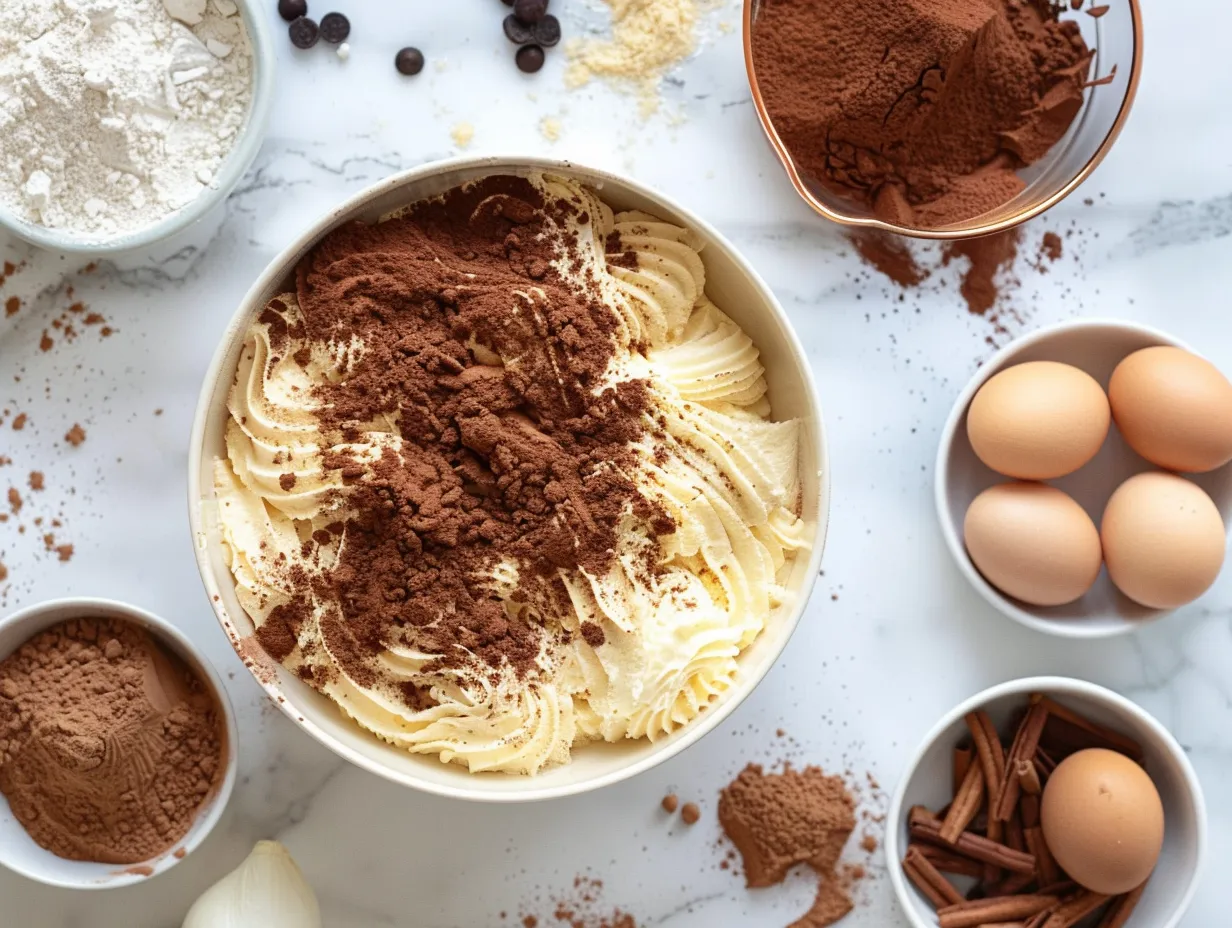 Ingredients for Pumpkin Tiramisu including ladyfingers, coffee, pumpkin puree, mascarpone cheese, heavy cream, sugar, pumpkin pie spice, vanilla extract, and cocoa powder