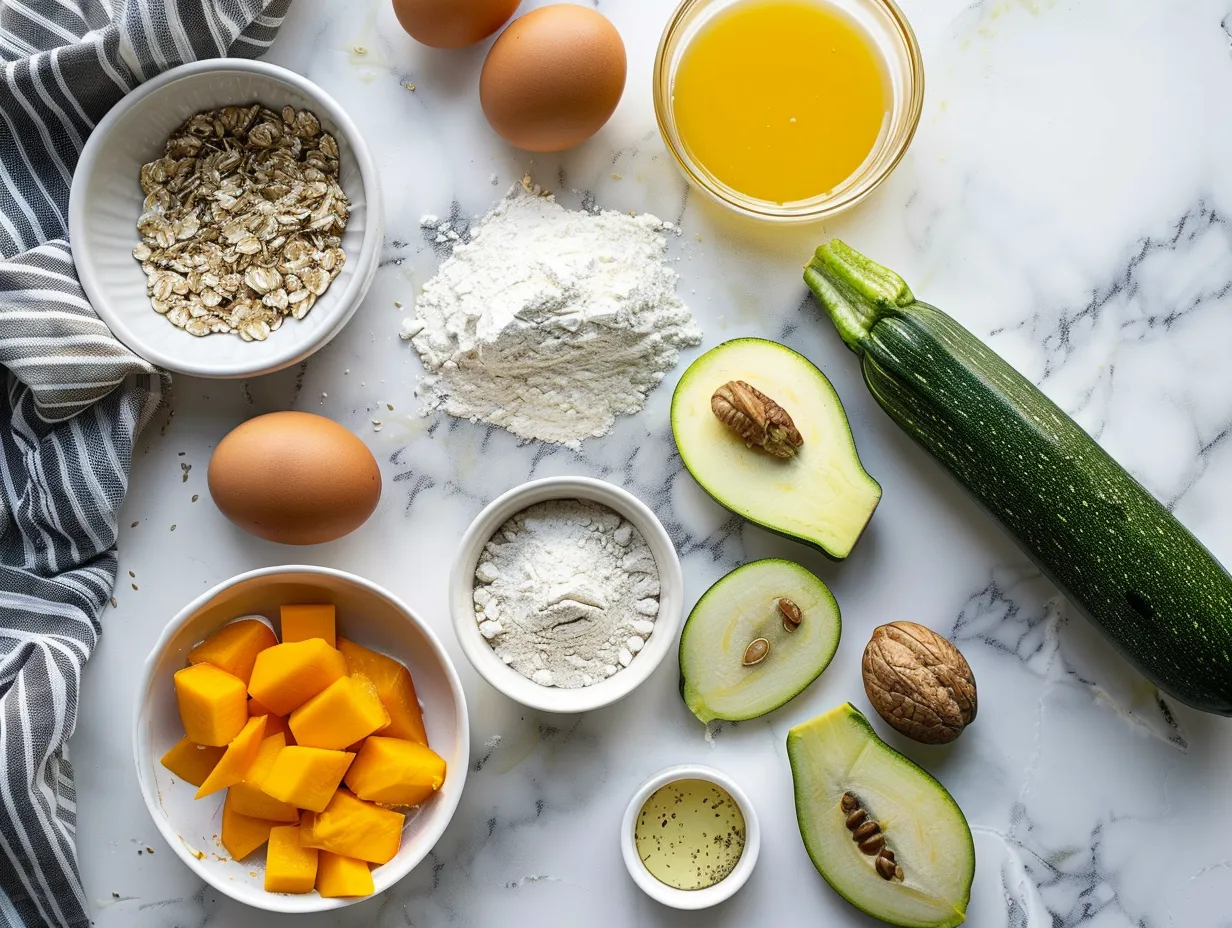 Ingredients for making Pumpkin Zucchini Bread laid out on a counter