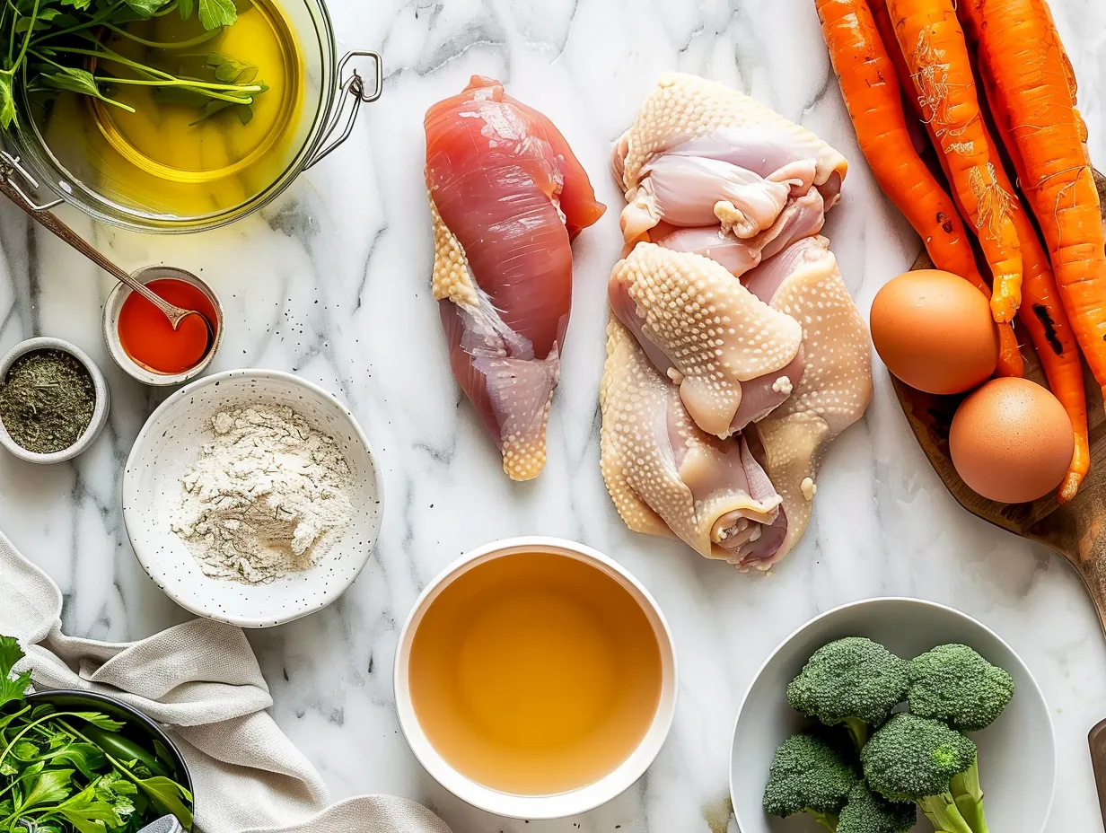 Ingredients for homemade Chicken and Dumpling Soup including rotisserie chicken, vegetables, herbs, flour, and dairy