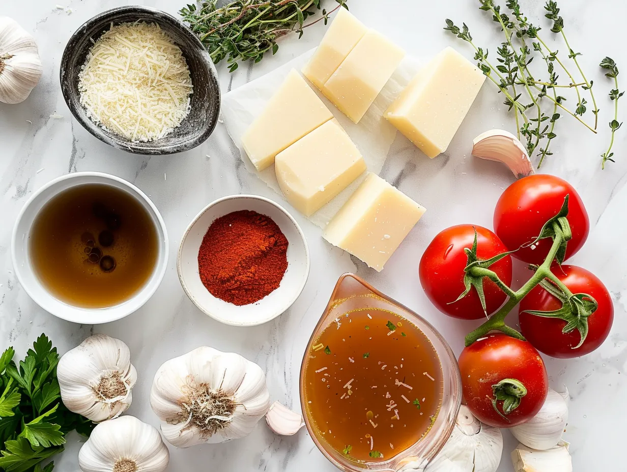 Raw ingredients including chicken, diced onion, garlic, and tomatoes for making Chicken Parmesan Soup