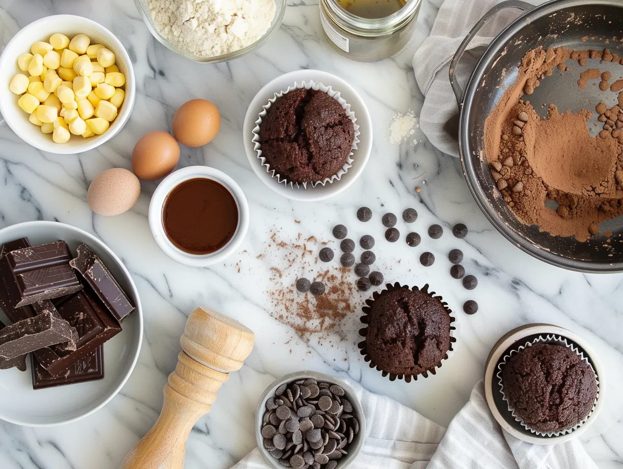 Raw ingredients for homemade chocolate muffins, including flour, sugar, cocoa powder, and chocolate chips, arranged on a white marble surface