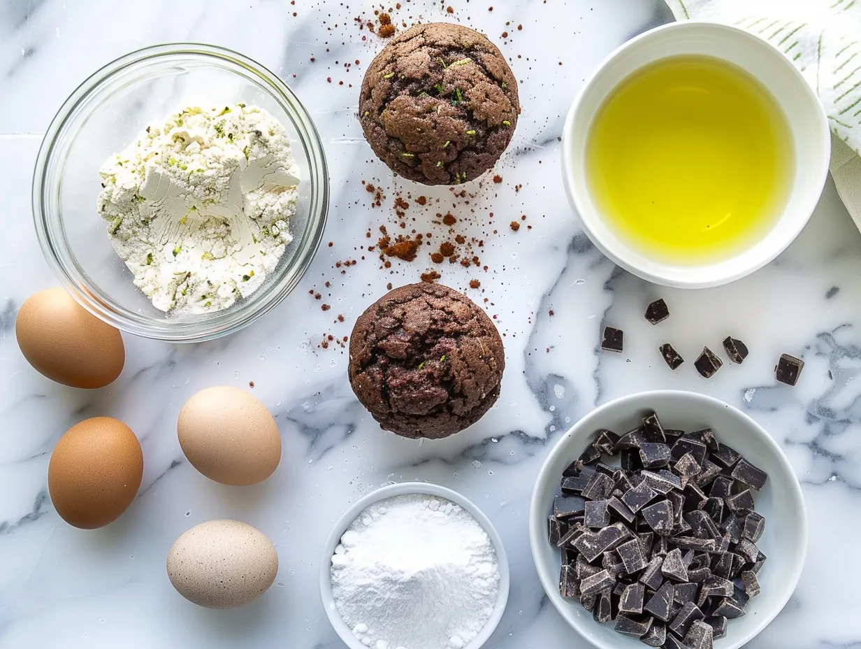 A variety of raw ingredients, including flour, cocoa powder, sugar, and zucchini, laid out on a wooden surface, ready to be combined for making delicious chocolate zucchini muffins.