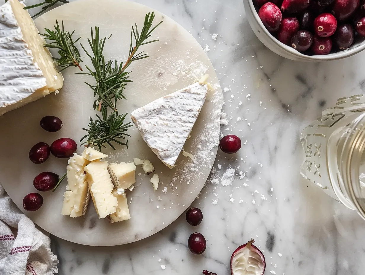 Ingredients for Cranberry Brie Bites including puff pastry, brie, cranberry sauce, and nuts.