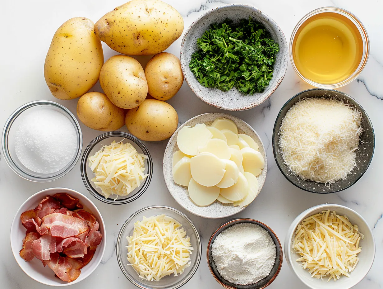 Ingredients for making Crock Pot Crack Potato Soup including potatoes, onion, garlic, cream cheese and bacon