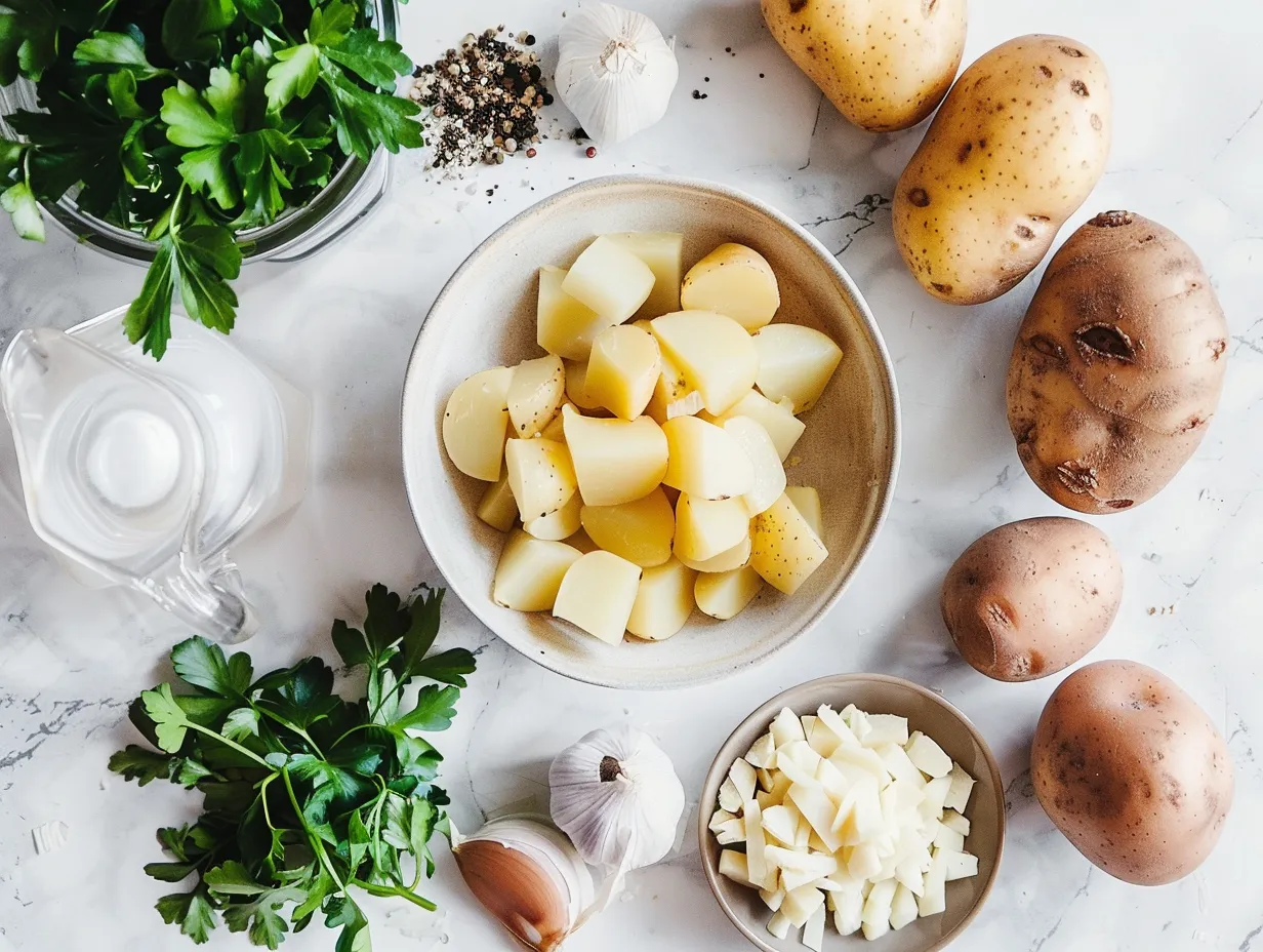 Ingredients for making German Potato Soup including Yukon Gold potatoes, bacon, onion, garlic, and spices