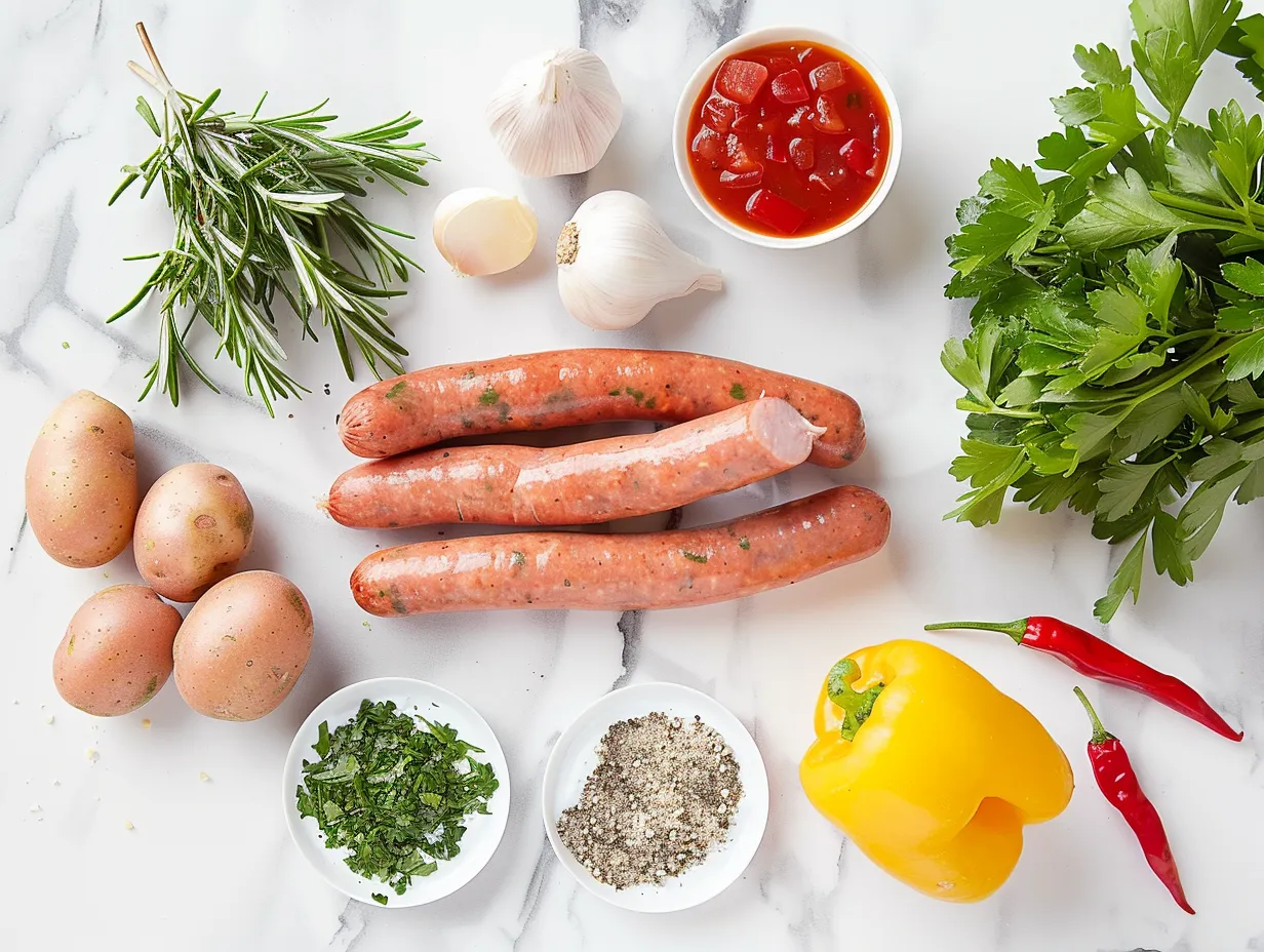 Raw ingredients for Kielbasa Potato Soup, including kielbasa, potatoes, onions, garlic, and spices.