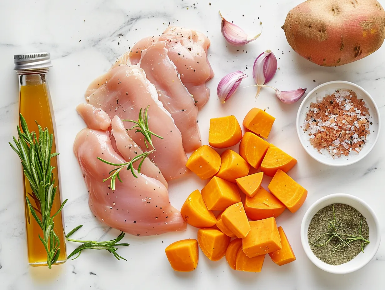Ingredients for Maple-Glazed Chicken with Sweet Potatoes including chicken thighs, sweet potatoes, maple syrup, and spices.