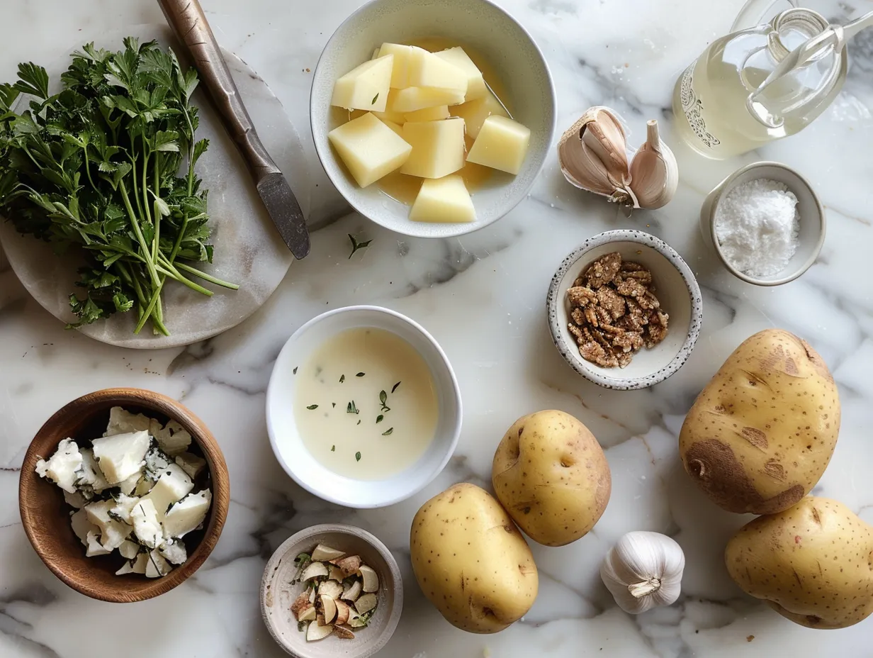Raw ingredients for making potato and sausage chowder including sausage, potatoes, and spices.