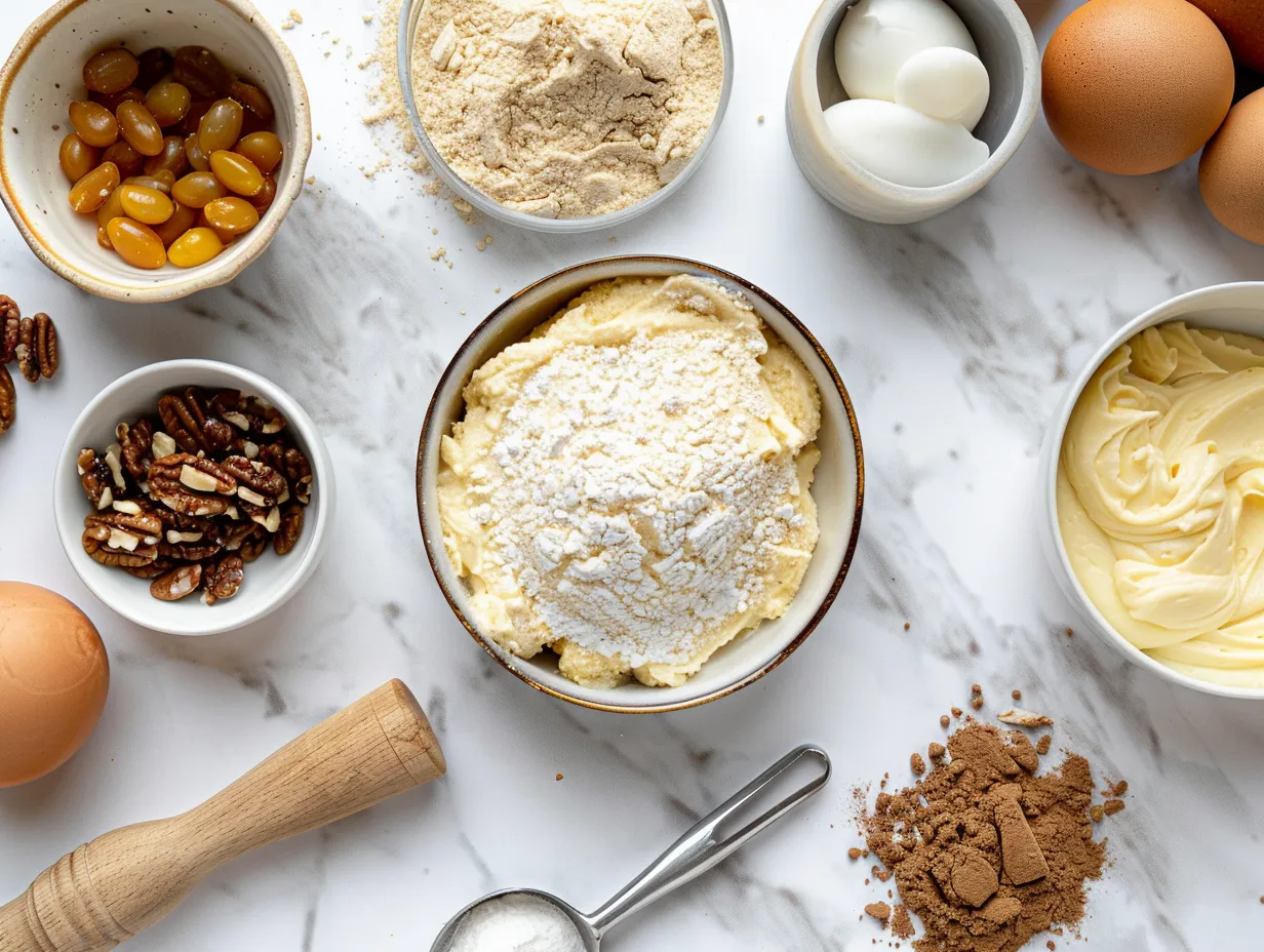Raw ingredients for making Pumpkin Cannoli Cake Roll, including flour, spices, pumpkin puree, ricotta cheese, and chocolate chips.