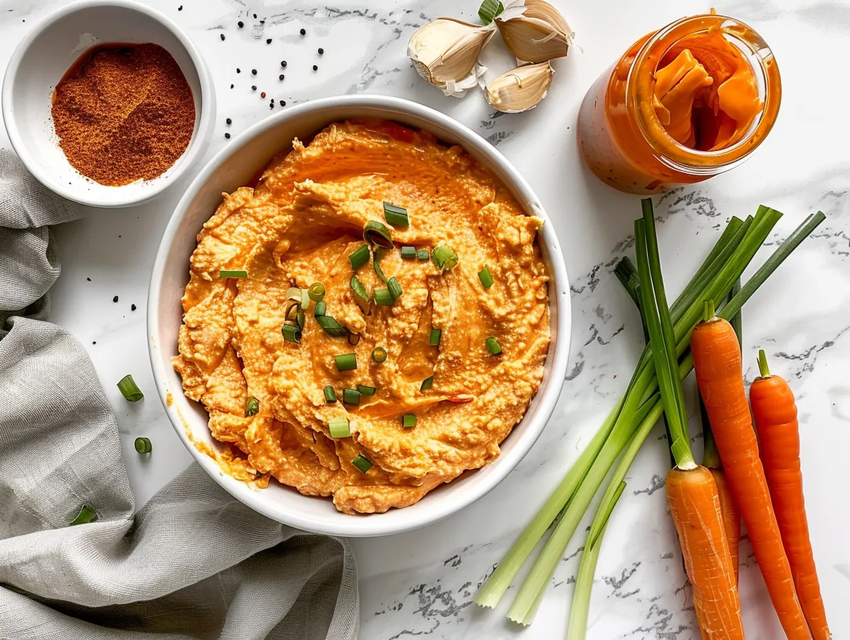 Raw ingredients for slow cooker buffalo chicken dip including chicken breasts, cream cheese, buffalo sauce, ranch dressing, blue cheese dressing, cheddar cheese, and green onions.