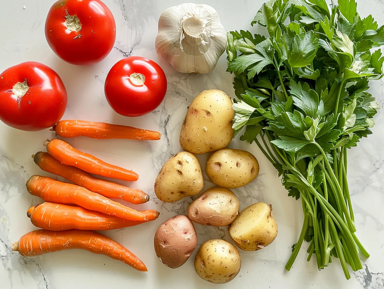 Raw ingredients for making Spanish Potato Soup with Chorizo, including potatoes, chorizo, garlic, and spices