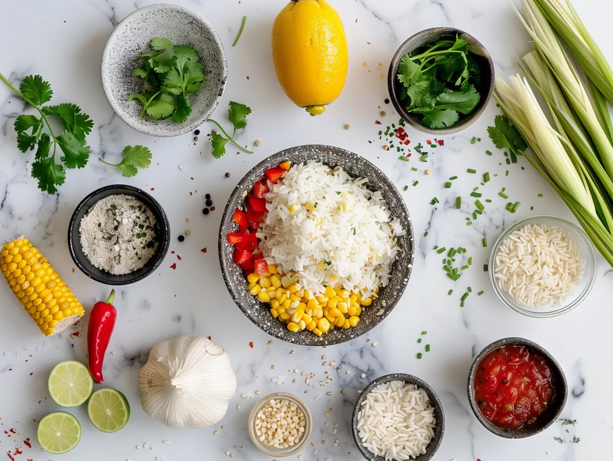 Raw ingredients including chicken, corn, and spices for making Spicy Mexican Street Corn Chicken Rice Bowl
