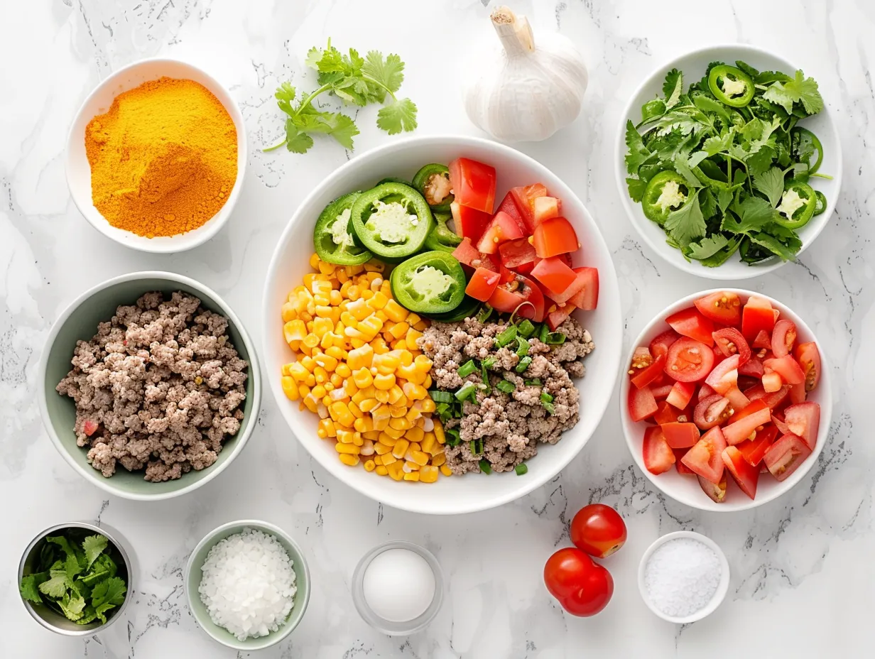 Raw ingredients for Taco Hashbrown Casserole including hashbrowns, ground beef, and cheese.