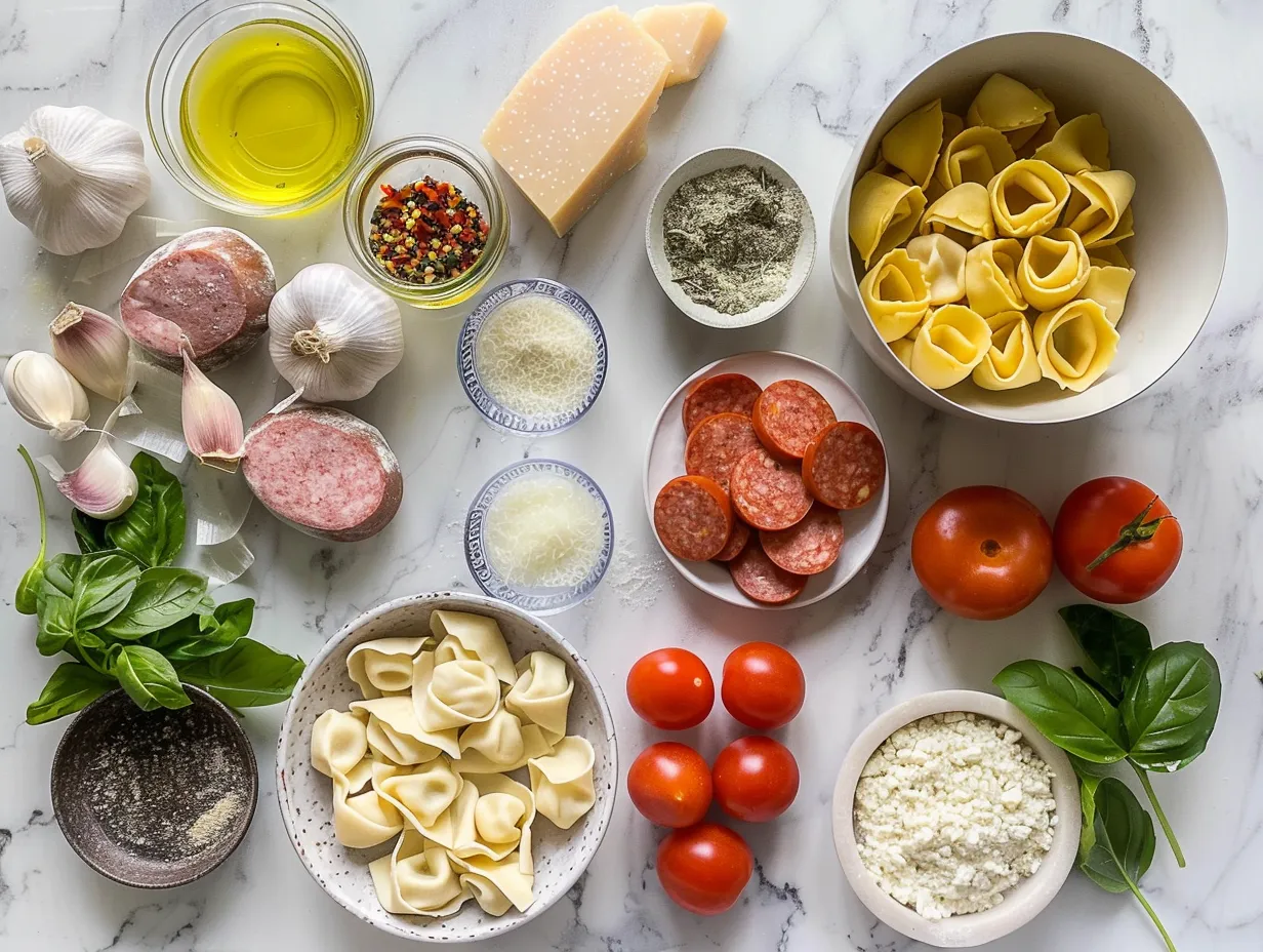 Raw ingredients for making Tortellini Soup with Sausage including sausage, onion, garlic, crushed tomatoes, chicken broth, tortellini, heavy cream, parmesan cheese, basil, olive oil, salt and pepper