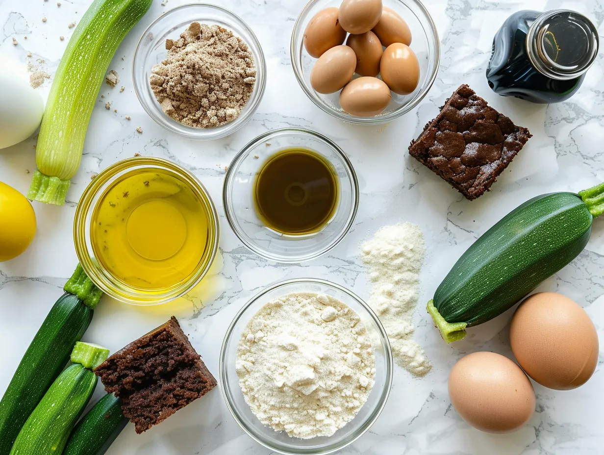 Raw ingredients for making zucchini brownies including flour, cocoa powder, sugar, zucchini, and chocolate chips.