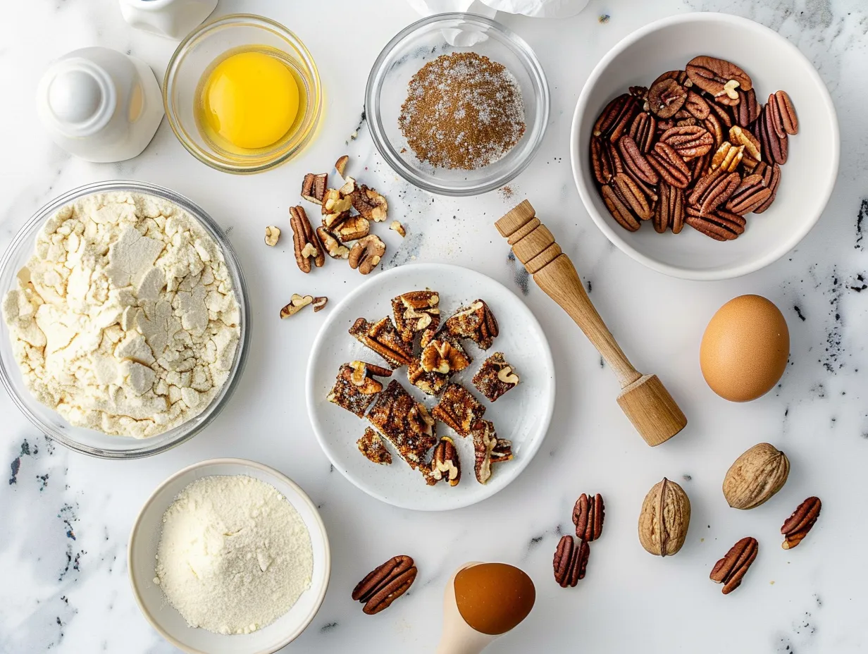Ingredients for Pecan Pie Bars: butter, sugar, flour, pecans and other items