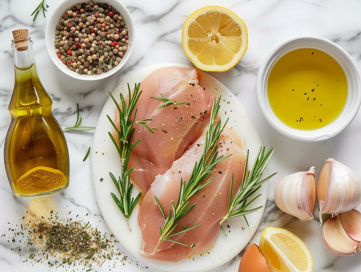 Raw ingredients for Rosemary Dijon Chicken including chicken breasts, Dijon mustard, rosemary, garlic, and honey.