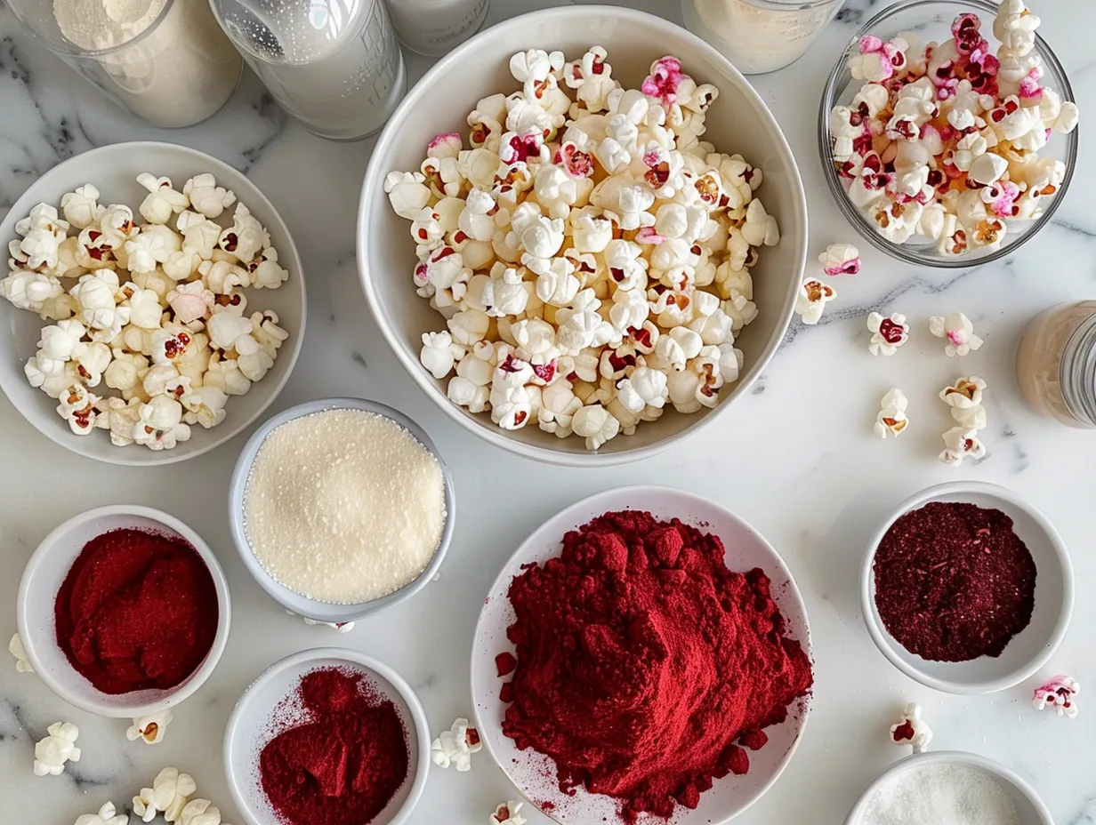 Ingredients for making Bloody Red Velvet Popcorn