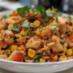 Spicy Mexican Street Corn Chicken Rice Bowl on Wooden Table