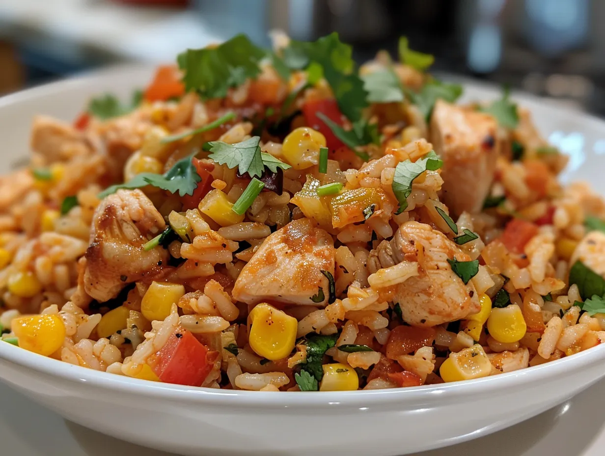 Delicious Spicy Mexican Street Corn Chicken Rice Bowl served in a bowl on a wooden table
