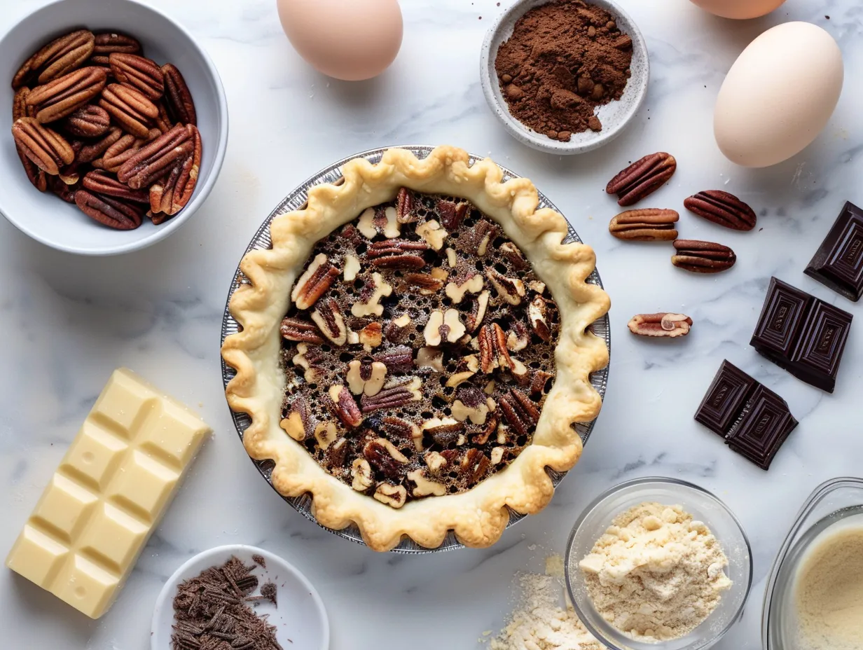 Texas Chocolate Pecan Pie Ingredients: pre-made pie crust, butter, sugar, corn syrup, eggs, vanilla extract, salt, chocolate chips, pecans