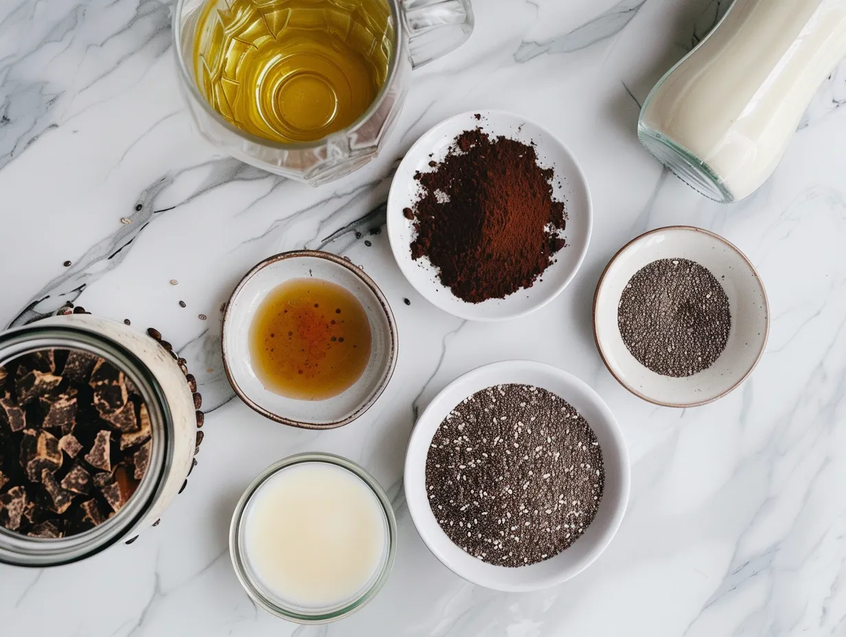 Ingredients for tiramisu chia pudding: almond milk, chia seeds, espresso, cocoa powder, maple syrup, vanilla extract, almond extract, and sea salt