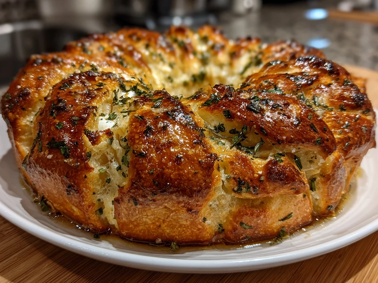 A final appetizing image of a garlic bread wreath with baked brie ready to be enjoyed, showcasing its golden-brown crust and melted brie center.
