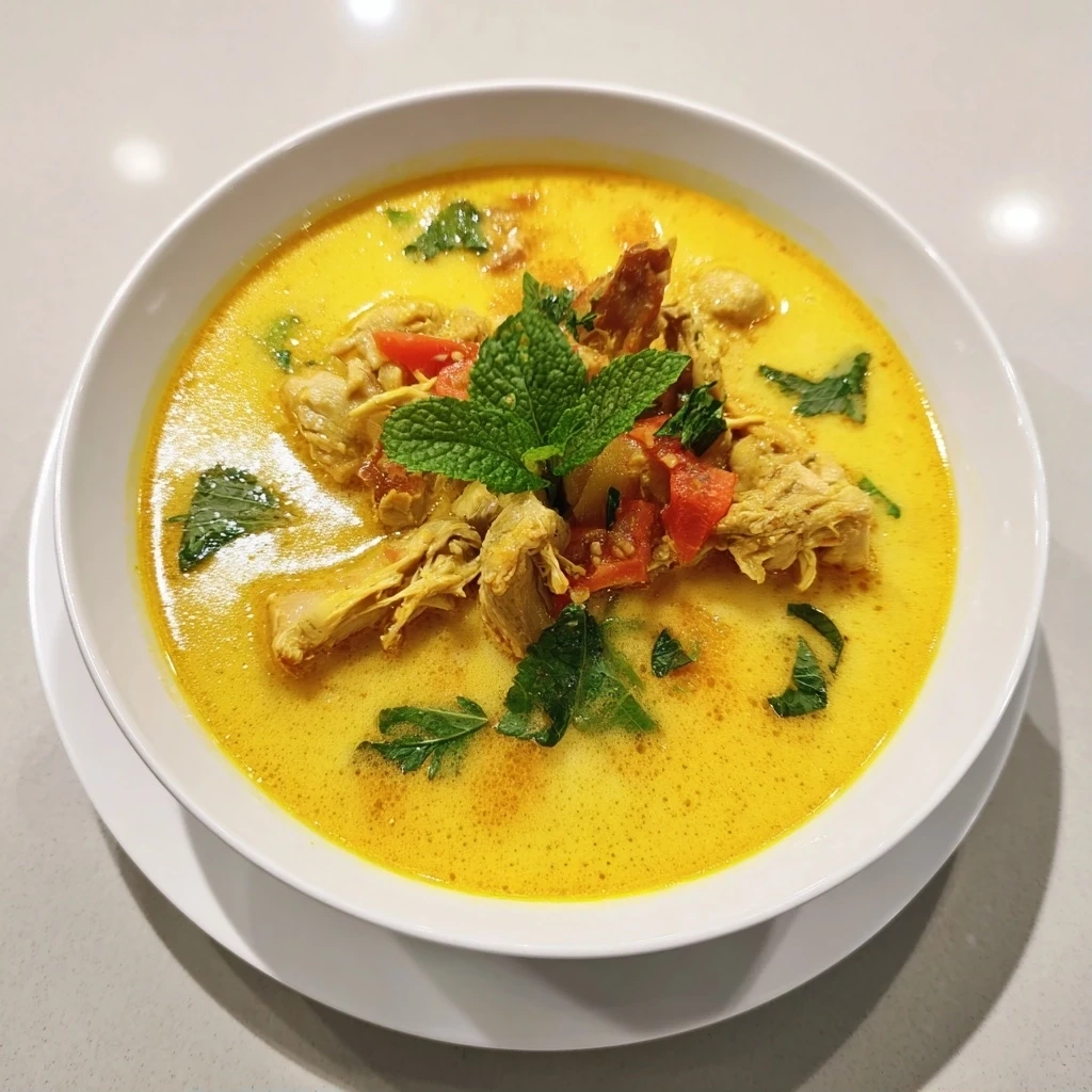 A perfectly prepared bowl of homemade turmeric chicken soup.