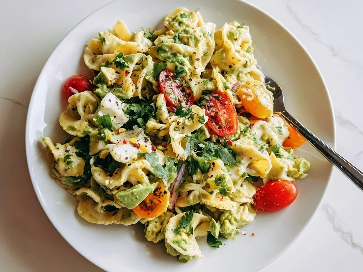 Finished Avocado Pasta Salad garnished with cilantro and lime