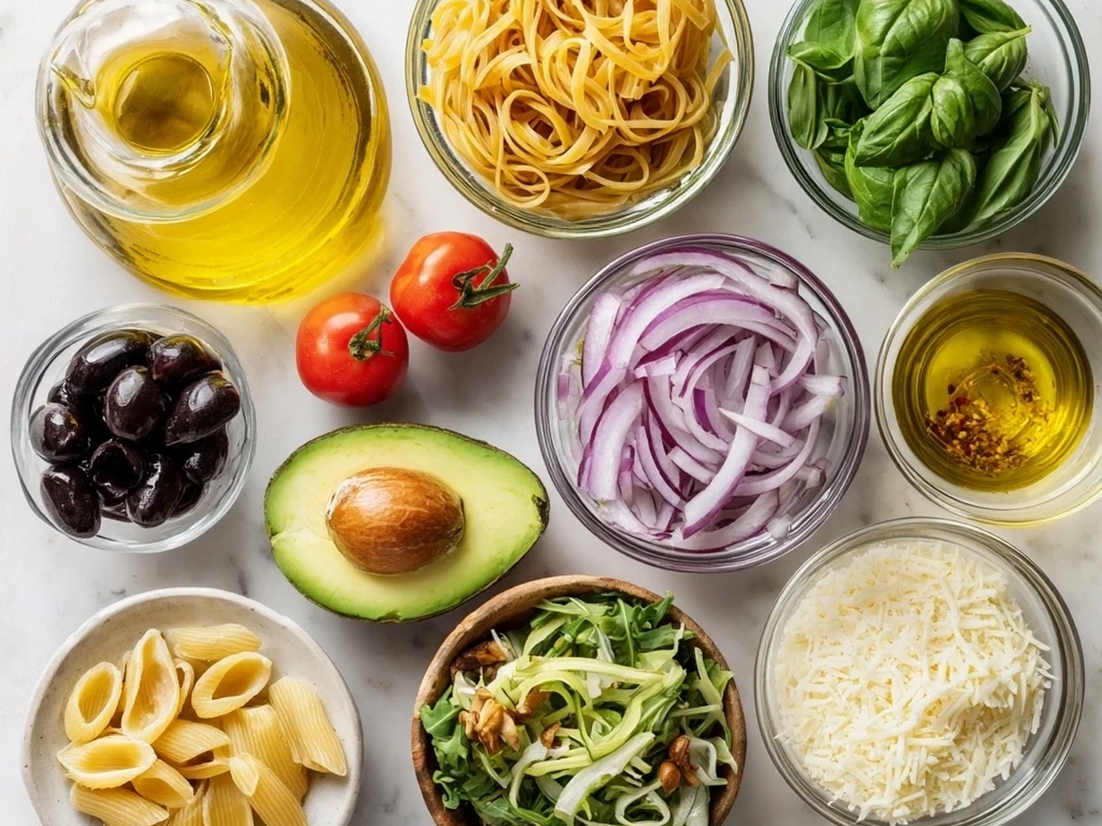 Ingredients for Avocado Pasta Salad including pasta, avocados, red onion, cilantro, lime, olive oil, garlic, and jalapeño