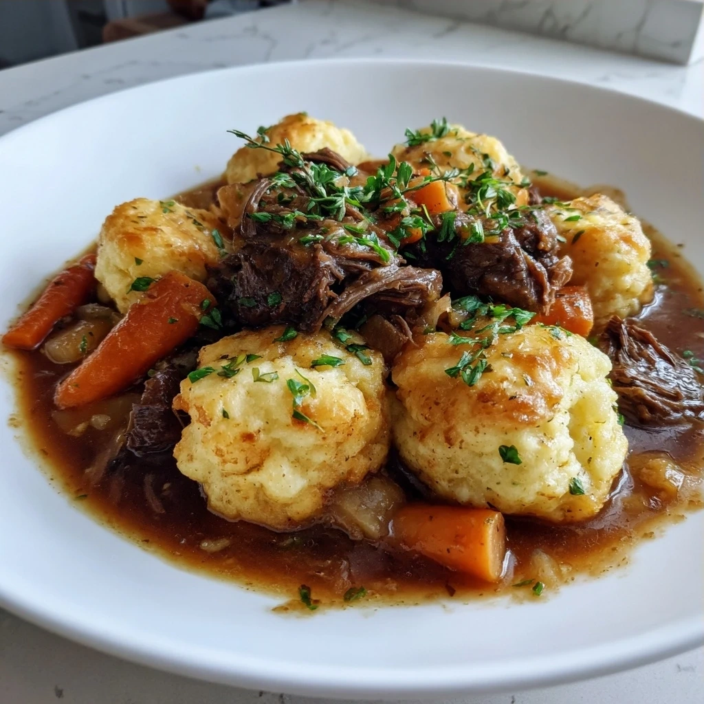 A comforting bowl of Beef Stew and Dumplings garnished with parsley.