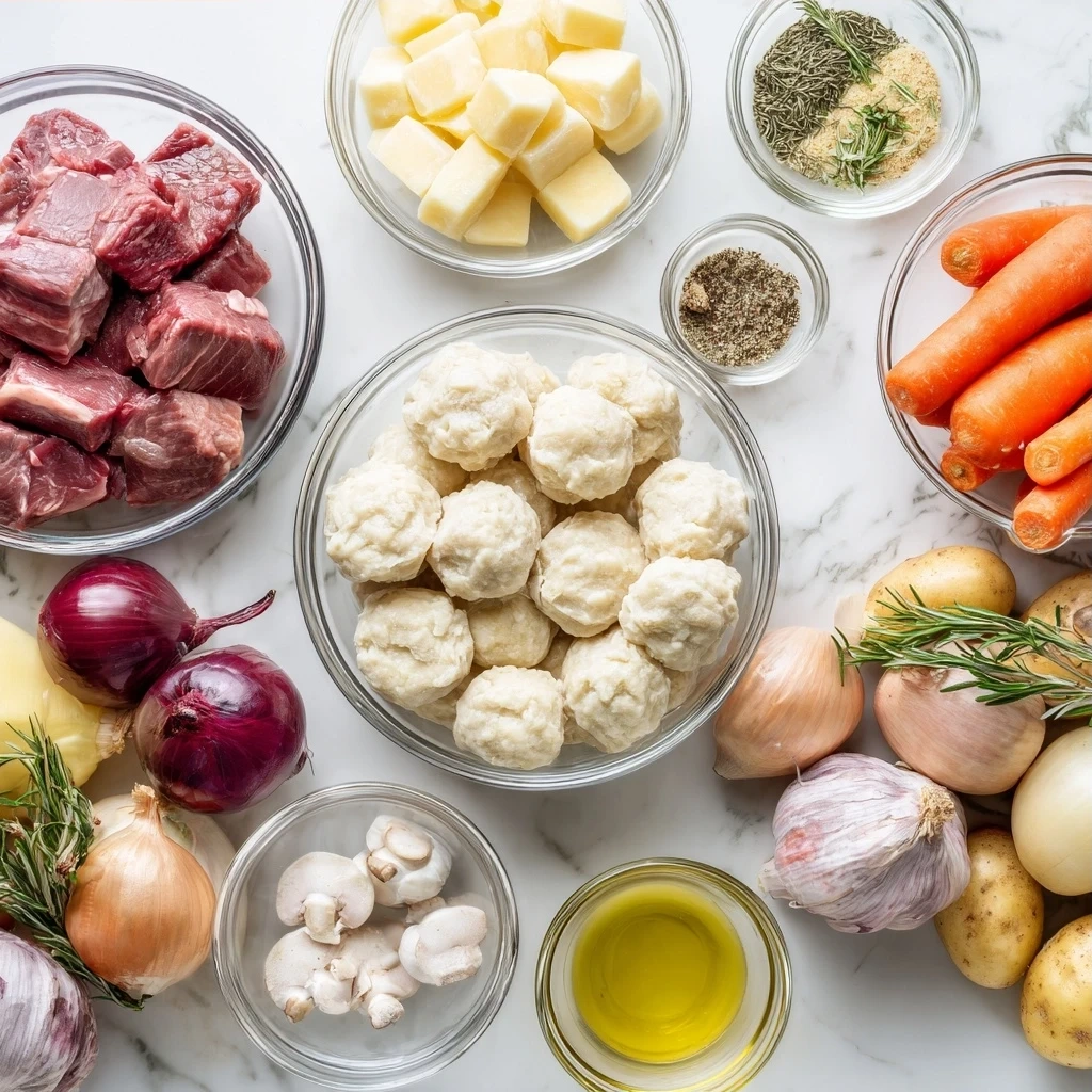 Ingredients for making Beef Stew and Dumplings including beef chuck, vegetables, herbs, and dumpling ingredients.