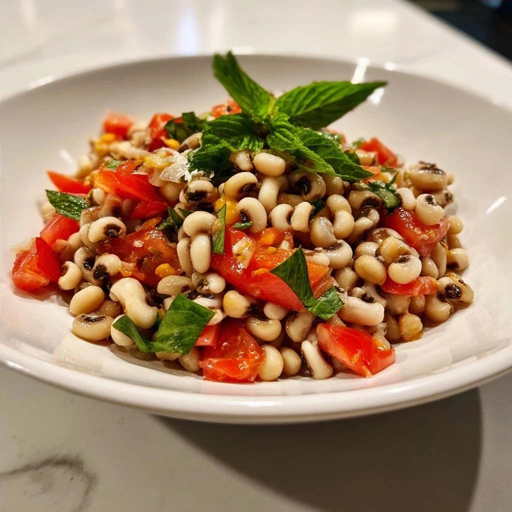 Finished Black-Eyed Pea Salad in a clear bowl.